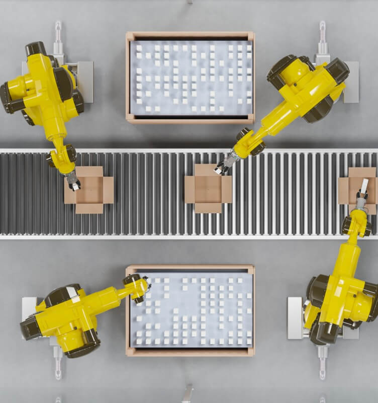 Roboter verpacken Artikel an einem Förderband in Kartonverpackungen. Draufsicht