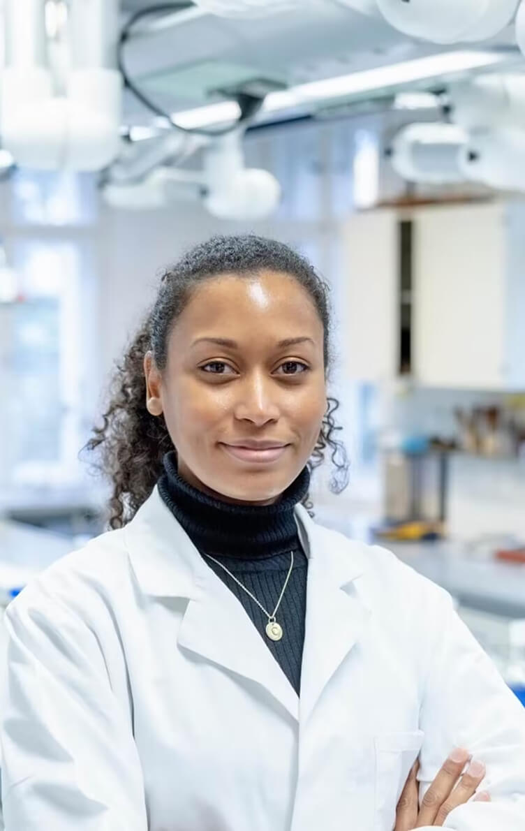 Wissenschaftler im Laborkittel steht in einer Laborumgebung mit Geräten und heller Beleuchtung.