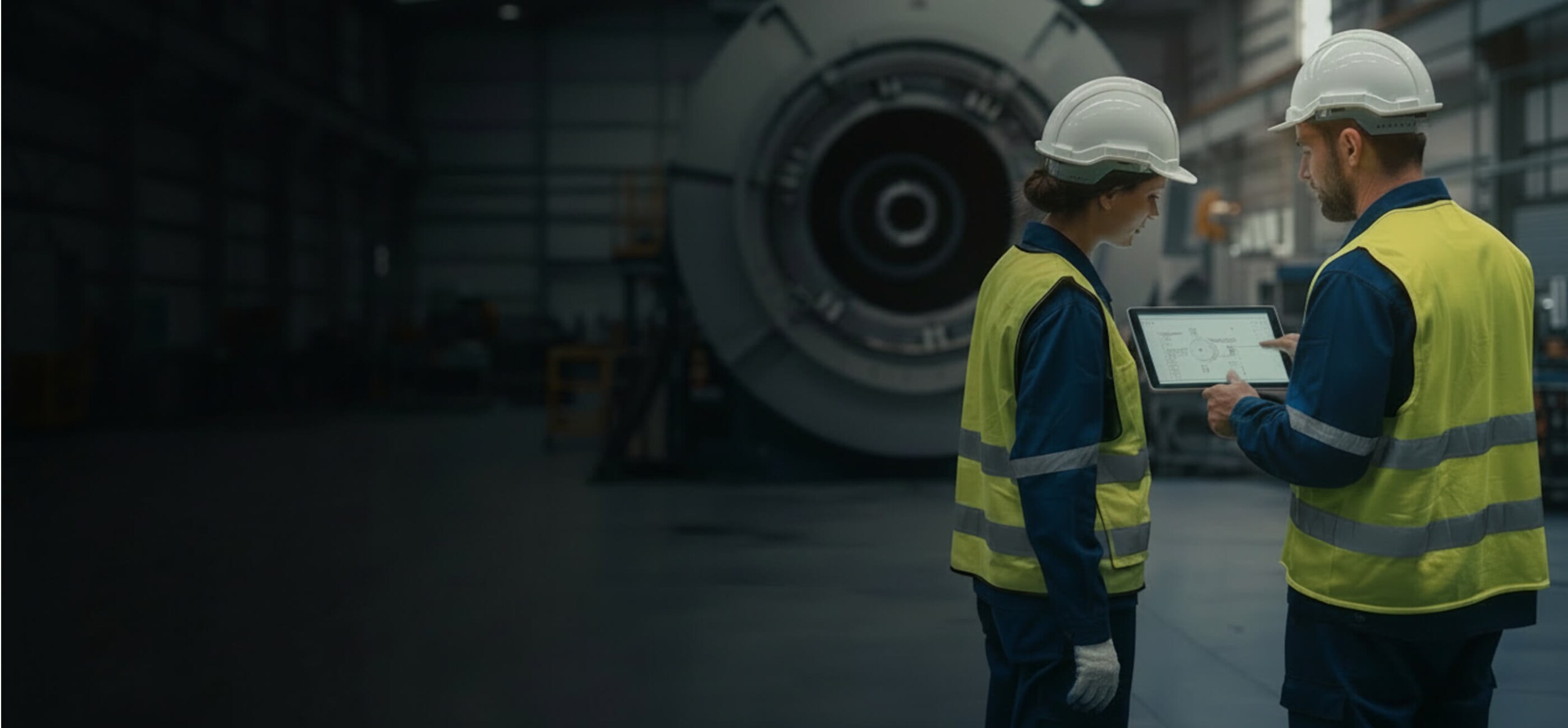 Two workers wearing safety vests and helmets