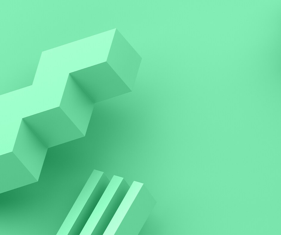 3 gerade grüne Balken und eine abgestufte 3D-Form vor grünem Hintergrund