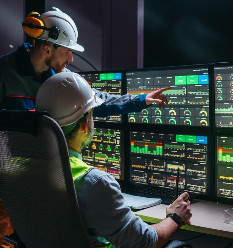 Deux opérateurs contrôlent la chaîne de montage à l'aide d'écrans avec une interface homme-machine