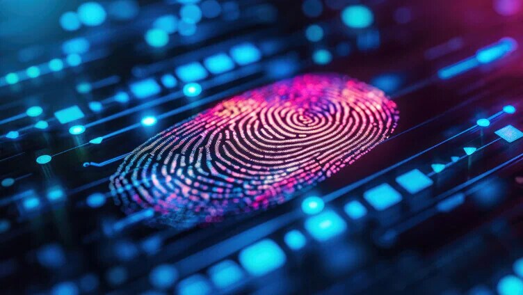 Illustration colorée d'empreinte digitale numérique symbolisant la vérification d'identité et la cybersécurité.