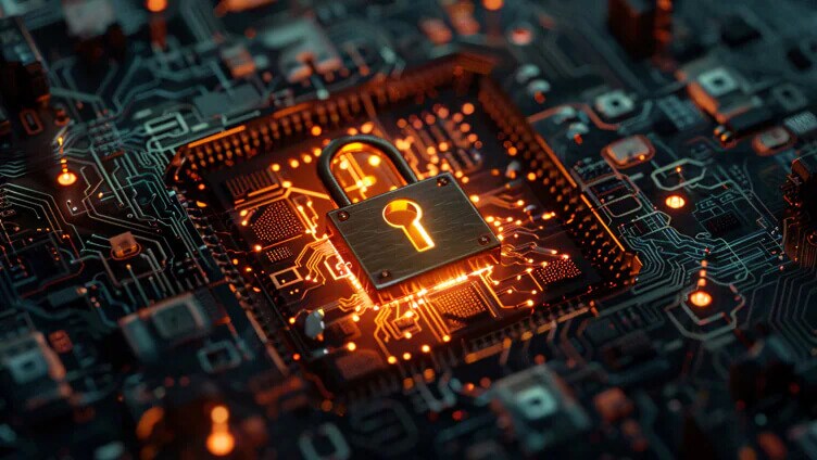 Icône de cadenas numérique lumineuse sur un circuit imprimé représentant la sécurité des données et le chiffrement.