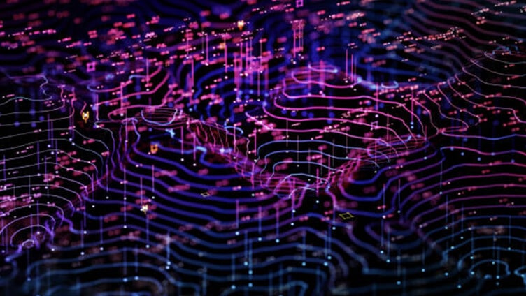 Des ondes de données néon abstraites représentant le cloud computing, l'analyse et le flux de données d'IA.