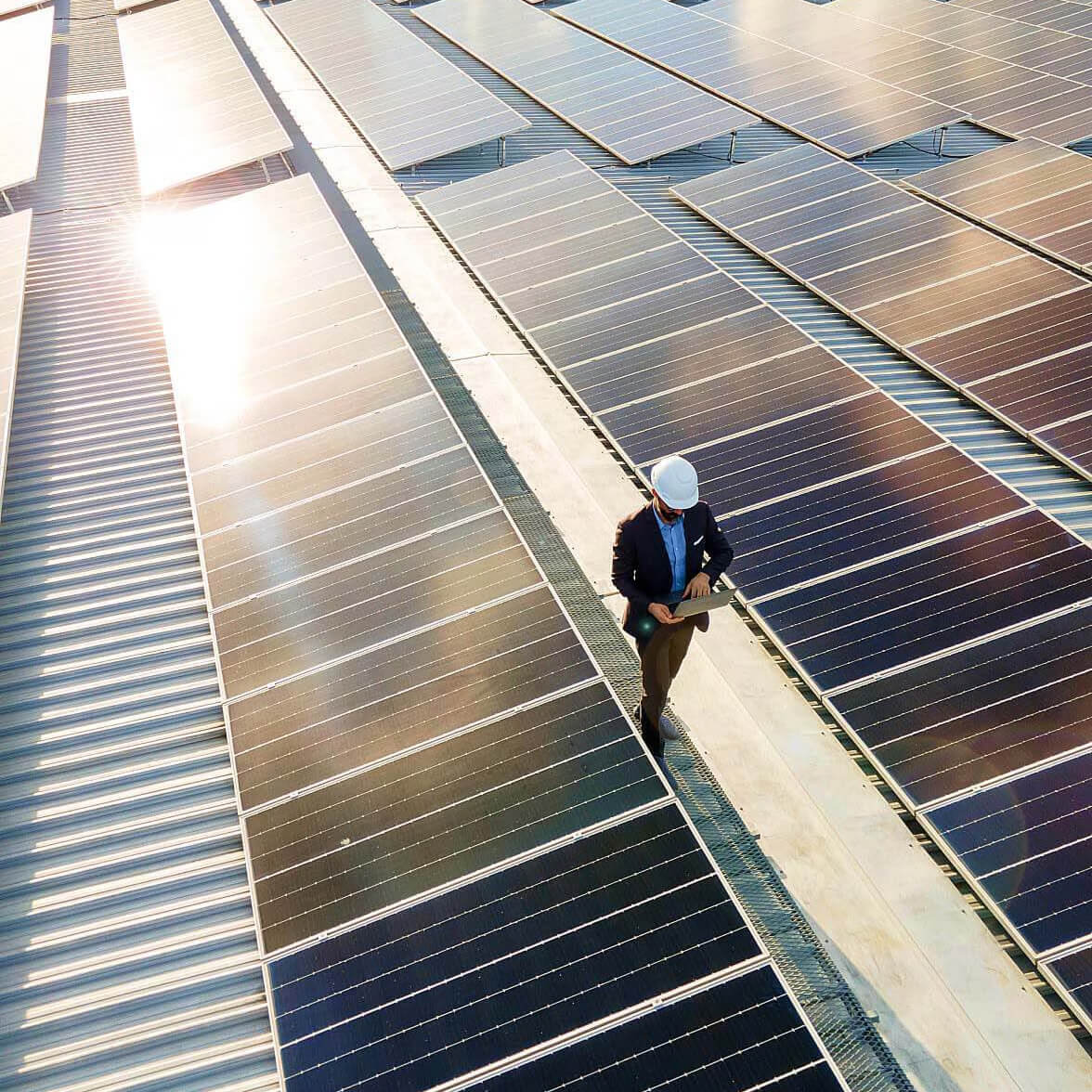 persona che cammina lungo i pannelli solari