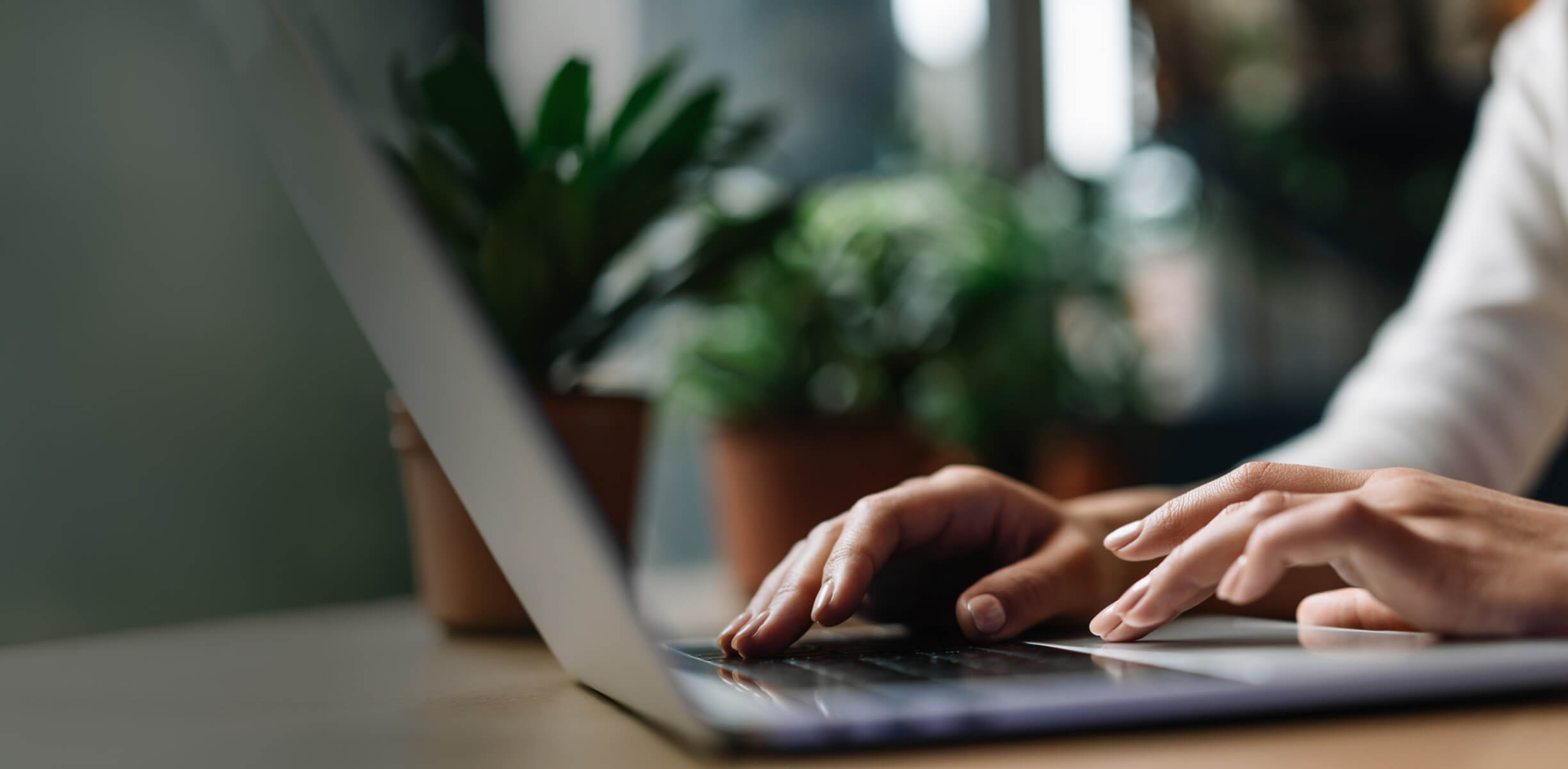 Mani che digitano sulla tastiera di un laptop in una postazione di lavoro con del verde sullo sfondo.
