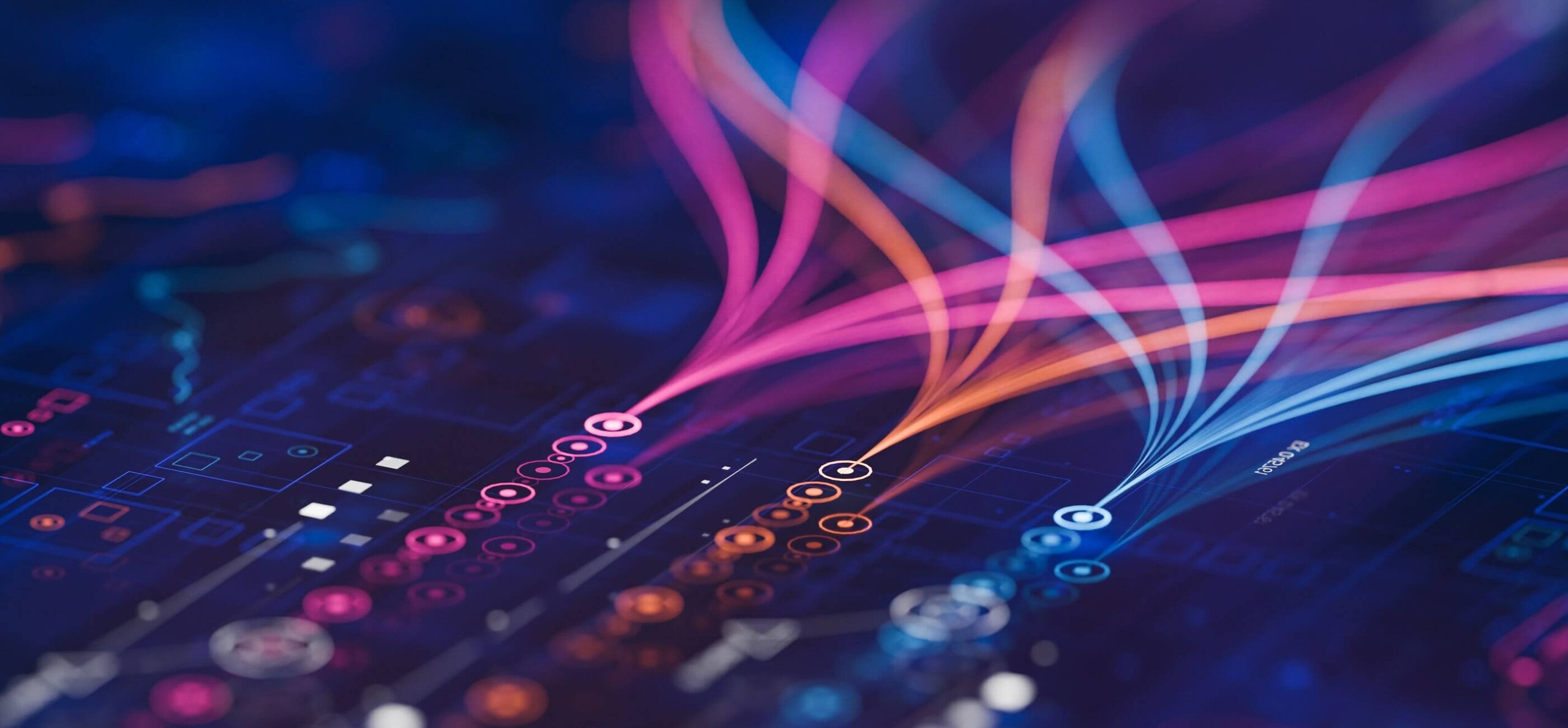 빛나는 다채로운 데이터 흐름이 격자 모양 네트워크로 흘러들어가는 모습