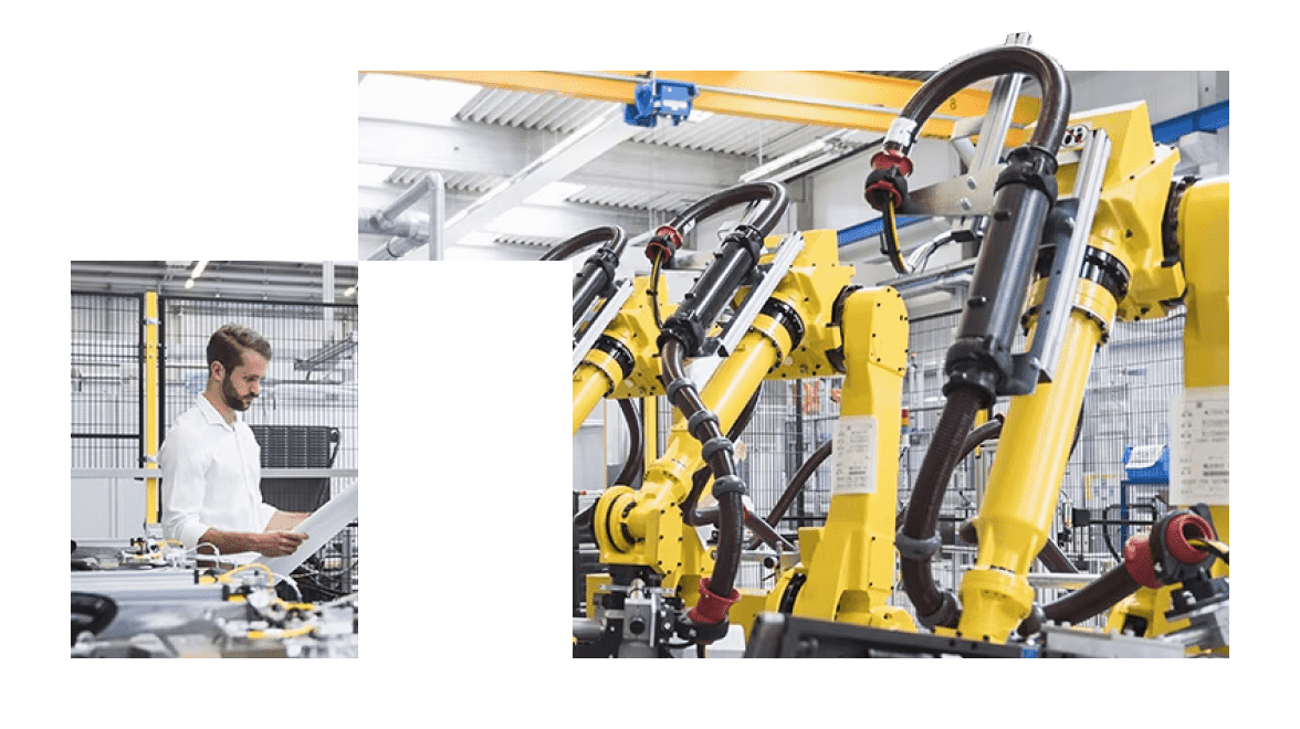 로봇 팔 기계 및 기계를 통합하는 사람