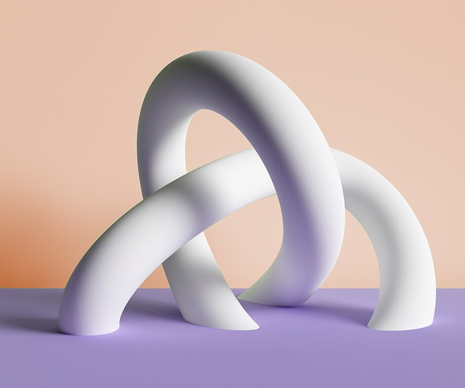 intertwined white shapes on blue platform with peach background