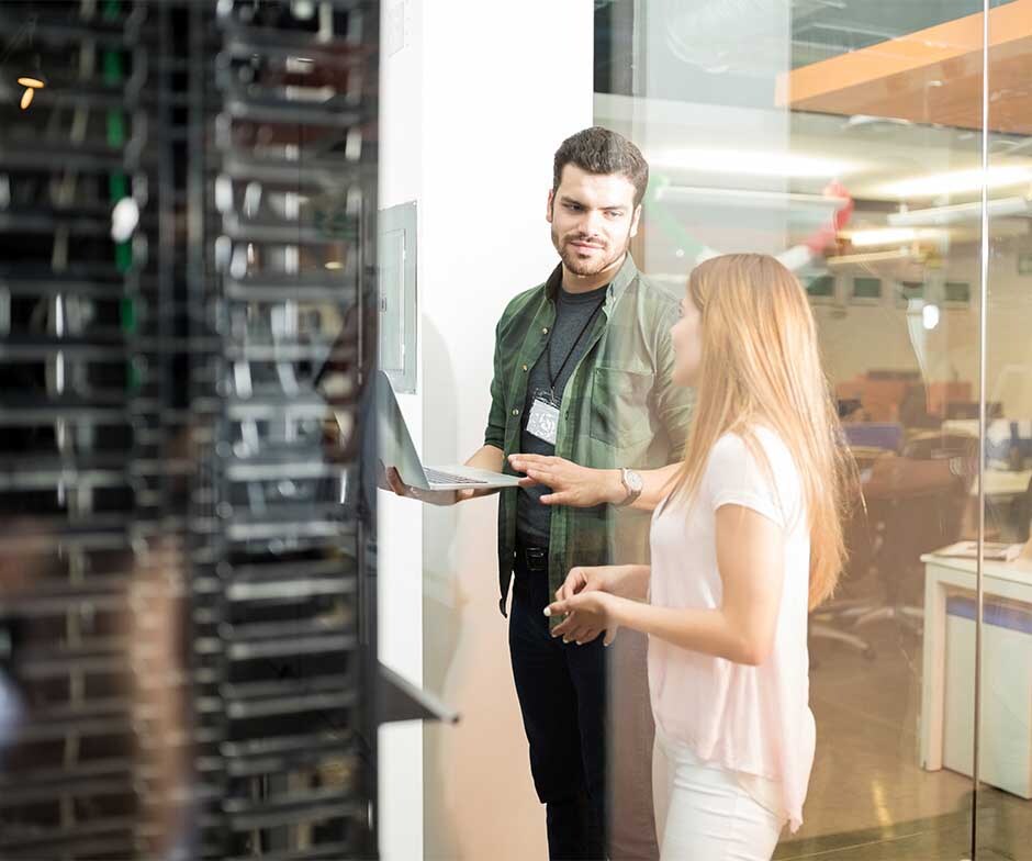 Two people talking in datacenter