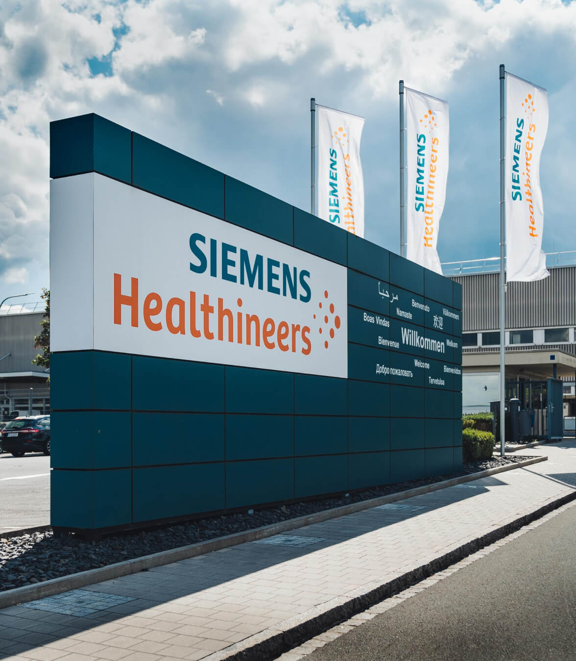 Sign at entrance to a Siemens Healthineers facility
