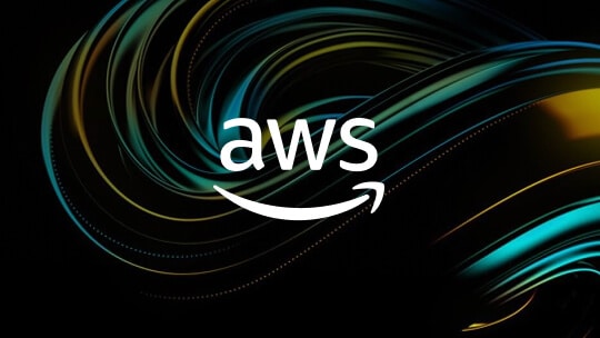 Amazon Web Services logo over an abstract colorful background