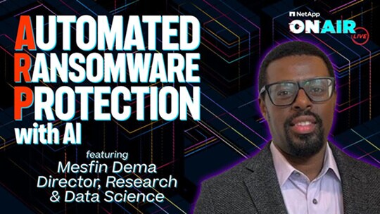 Promotional graphic for automated ransomware protection with AI, featuring a presenter on a tech-themed background.