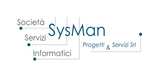 SysMan Progetti & Servizi Srl logo featuring text elements for Società, Servizi, and Informatici in a modern design.