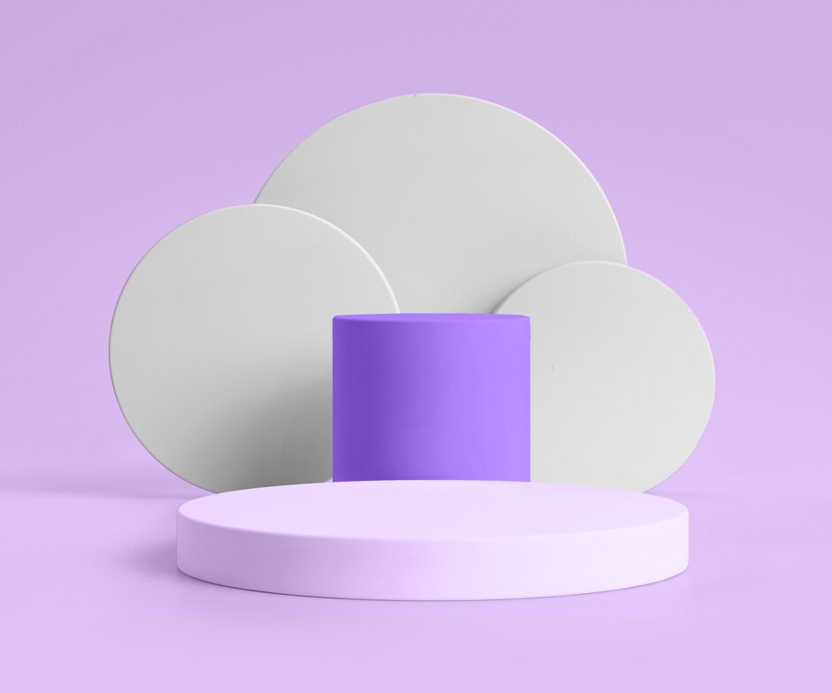 cilindro roxo exibido na frente de círculos brancos sobrepostos e um fundo roxo mais claro