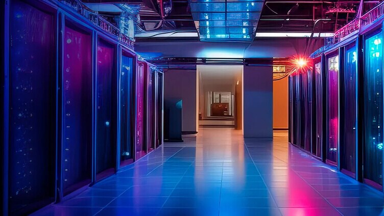 Corredor da sala de servidores iluminado com luzes azuis e rosa, alinhado com racks de storage.
