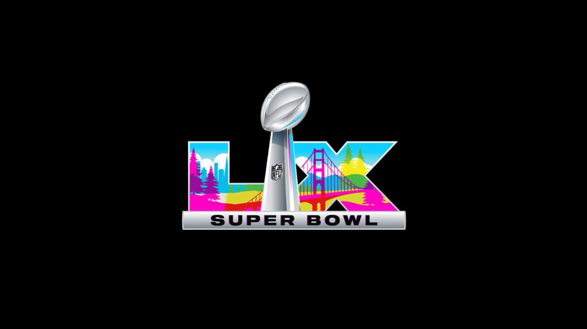 色彩鮮豔的 Super Bowl LX 標誌，以 Vince Lombardi Trophy 和 Bay Area 地標為特色。